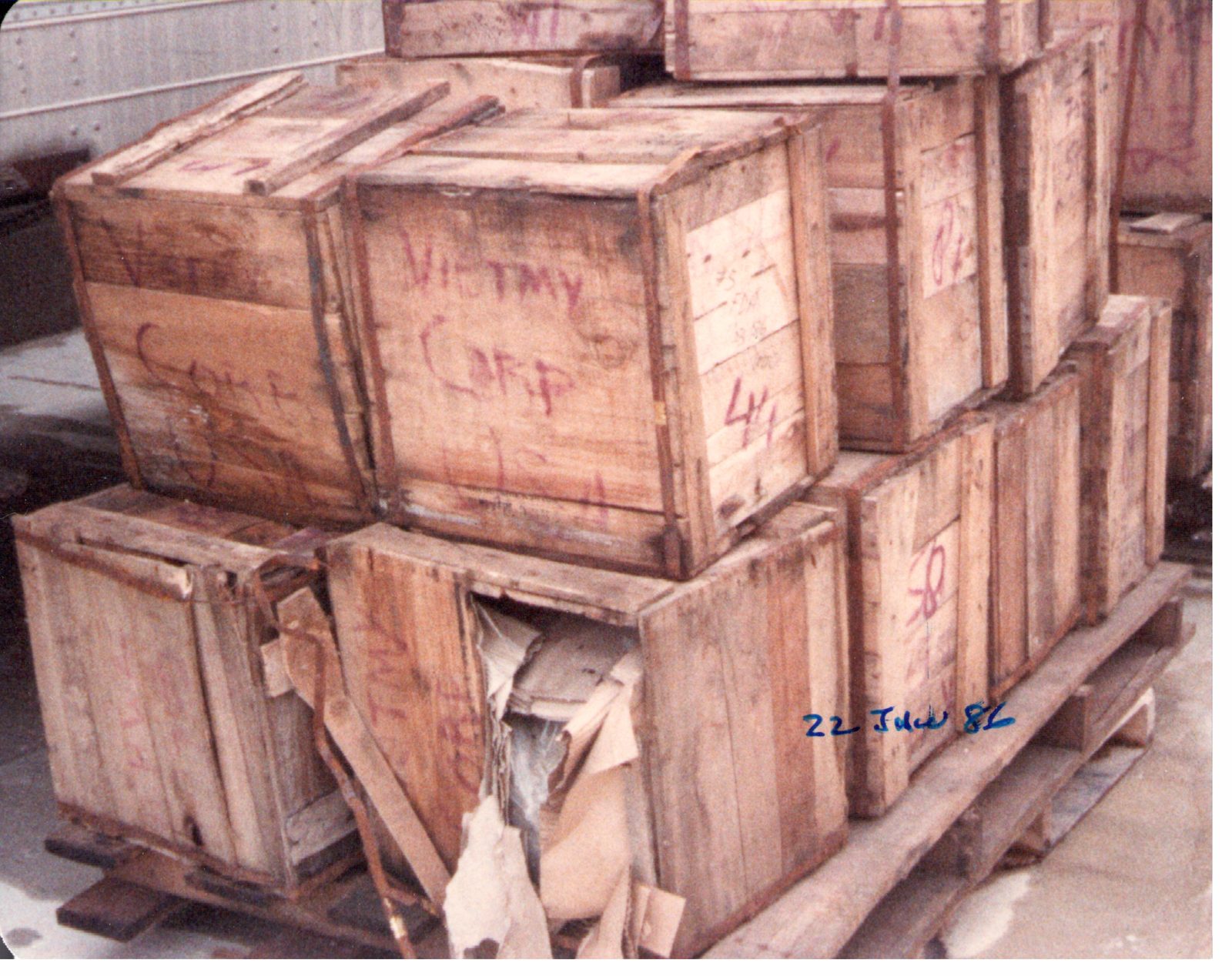 Equipment arrives in wooden crates.
